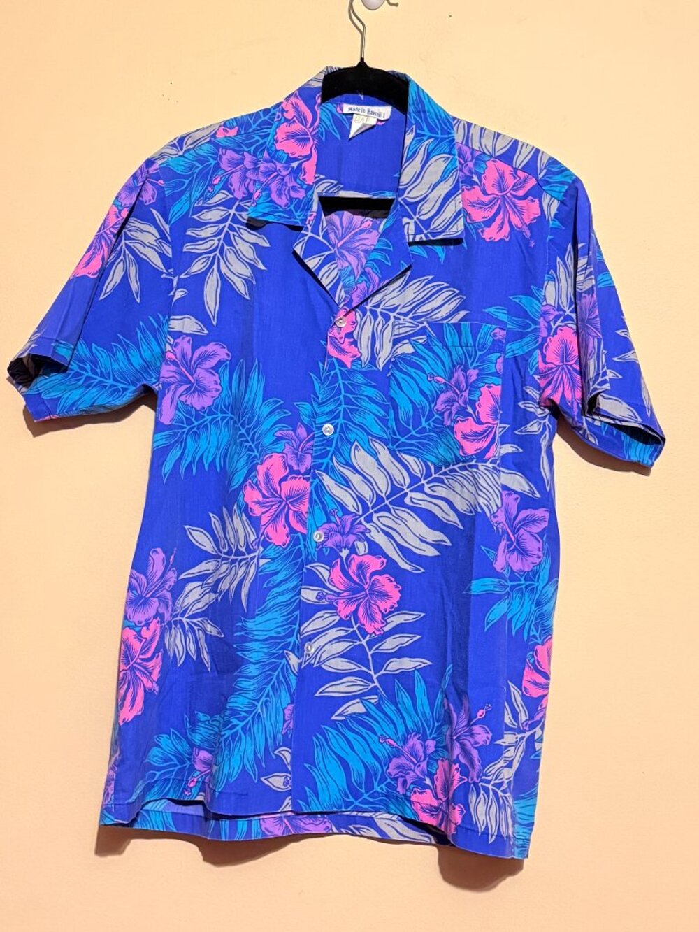 VTG Made In Hawaii USA Tropical Flowers Blue Gray Pink Men's L Hawaiian Shirt